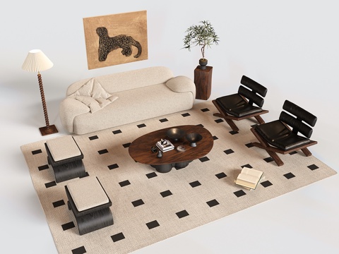  中古沙发茶几组合 三人沙发 休闲椅 凳子 茶几3d模型 