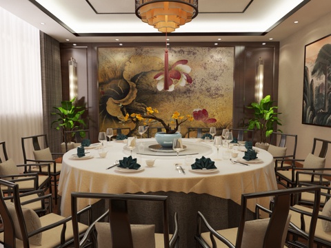  传统中式餐厅 餐桌椅 吊灯 挂画3d模型 