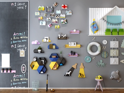  现代儿童房墙饰 黑板 照片墙3d模型 