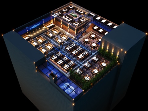  现代露天餐厅 屋顶餐厅3d模型 