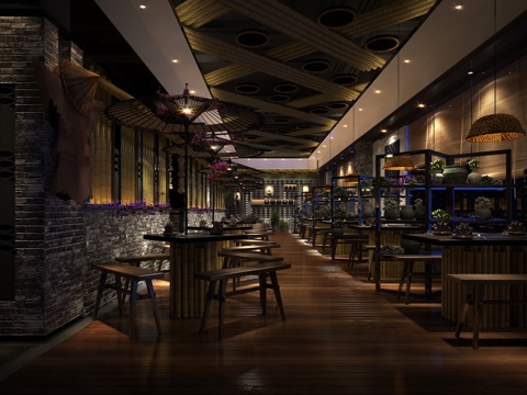  新中式餐厅 餐桌椅 吊灯3d模型 