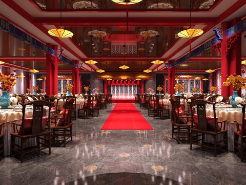  新中式宴会厅 餐桌椅 吊灯3d模型 