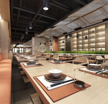  现代新中式餐厅暖色系就餐区3d模型 