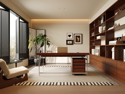 现代中古书房 书柜 书桌椅 休闲椅su模型