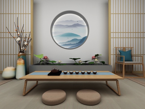  新中式茶艺荷花山水小品3d模型 