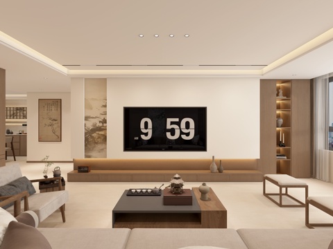  宋氏客厅 沙发组合 摆件 客厅影视墙 沙发背景墙 挂画 装饰3d模型 