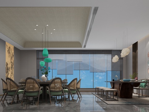  新中式茶餐厅 茶室 餐厅 茶桌椅 餐桌椅 吊灯3d模型 