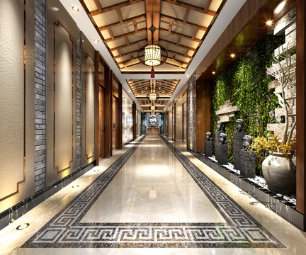  新中式餐厅 过道 展厅3d模型 