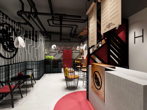  餐饮店面饭馆 吊灯 植物多肉 桌椅 吊灯 隔断 收银台3d模型 