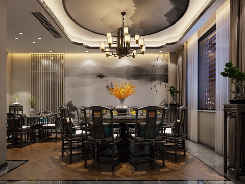  新中式包间 餐桌 吊灯 窗帘3d模型 