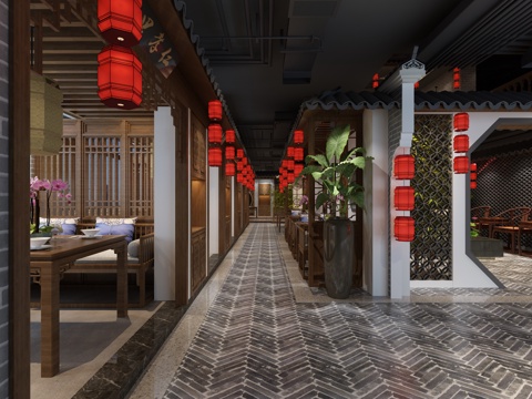  传统中式餐厅走廊 餐桌椅 灯笼 绿植3d模型 
