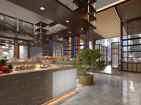  新中式全日餐厅3d模型 