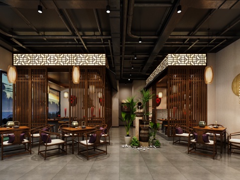  传统中式大厅 包间 餐桌椅 吊灯3d模型 