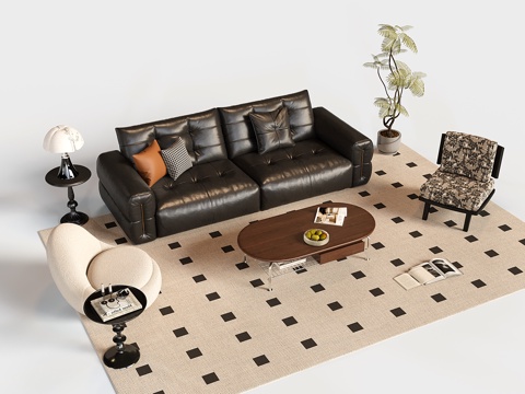 法式复古沙发茶几组合 皮质三人沙发 休闲椅 茶几 单人沙发su模型