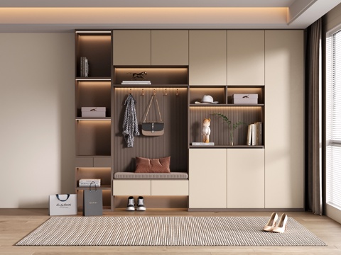 现代定制鞋柜 开方格 鞋柜换鞋凳一体su模型