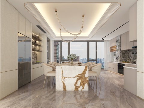  现代轻奢餐厅 开放式厨房 中岛餐桌 酒柜 岩板餐桌 冰箱高柜3d模型3d模型 