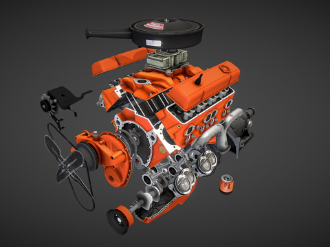  拆解V8小缸体发动机3d模型 