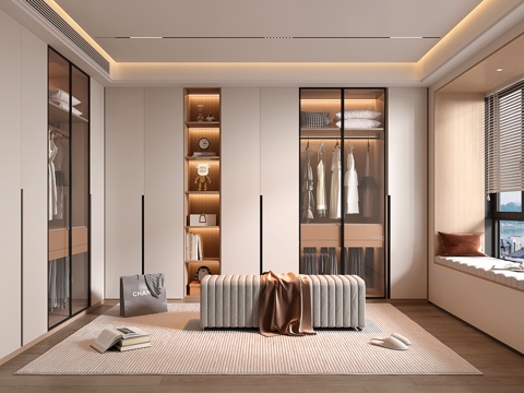  现代衣帽间 开方格 玻璃门 换鞋凳3d模型 