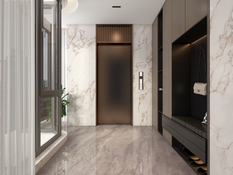  现代轻奢电梯厅 鞋柜 电梯前室 入户电梯3d模型 