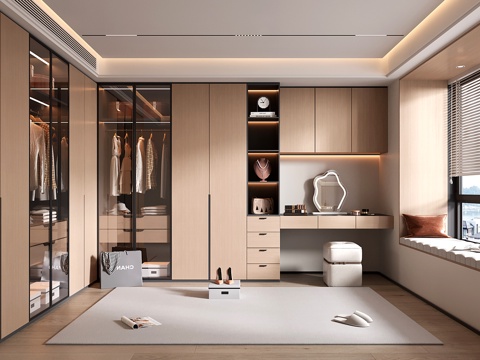 现代衣帽间 开方格 玻璃门 梳妆台衣柜一体su模型