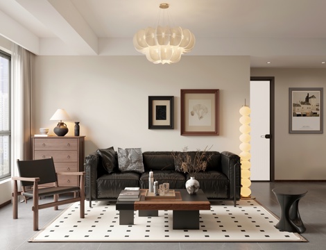  中古风客餐厅 开放厨房 酒柜 小户型3d模型 