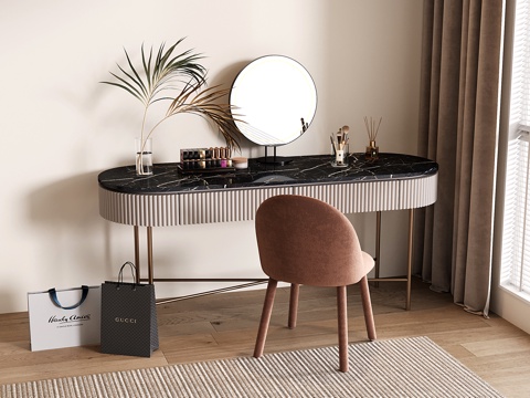  现代梳妆台 书桌椅 大理石圆弧书桌3d模型 