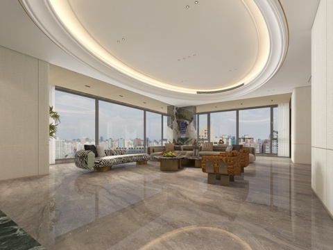  现代轻奢客厅 椭圆形吊顶 雕塑摆件 花卉绿植 异形沙发组合3d模型 