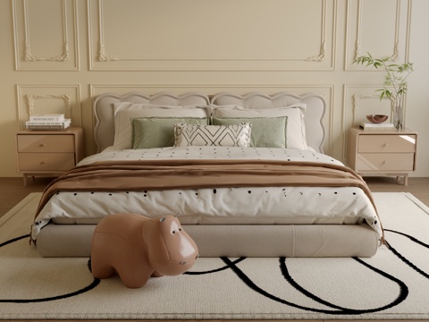  奶油风双人床3d模型 