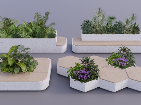 景观座椅 树池座椅 公共座椅 户外休闲椅凳 植物组合su模型