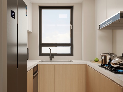  原木风厨房 洗碗机 冰箱3d模型 