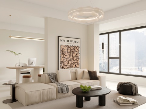  奶油风客餐厅 开放厨房 干区 书房 集成灶3d模型 