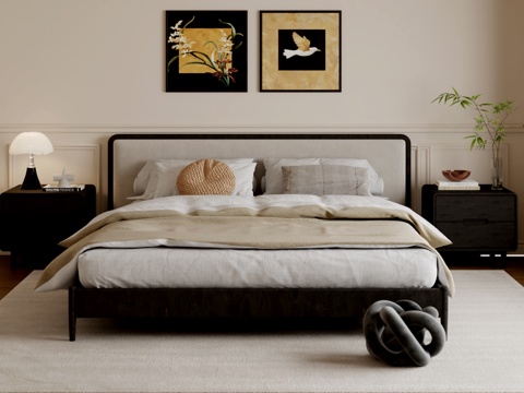  侘寂风双人床3d模型 