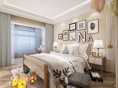  北欧儿童房 阳台 书桌 单人床 挂画 床头柜3d模型 