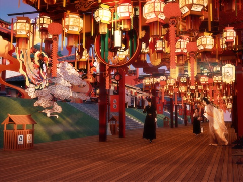 网红打卡国潮古风古镇集市su模型