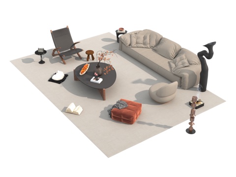  中古风沙发茶几组合3d模型 