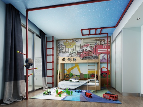  现代儿童房 卧室 上下铺3d模型 