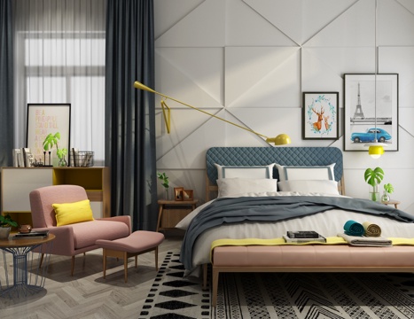  北欧风格卧室 儿童房 双人床 单椅 饰品3d模型 