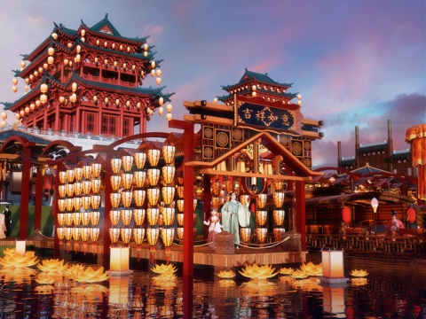 网红打卡国潮古风古镇集市su模型