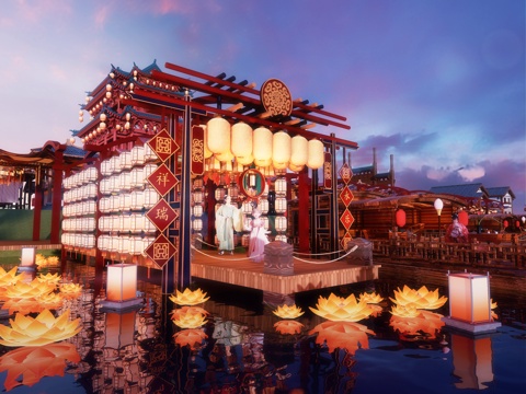 网红打卡国潮古风古镇集市su模型