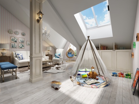  简约美式阁楼儿童房3d模型 