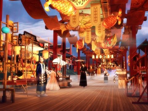 网红打卡国潮古风古镇集市su模型