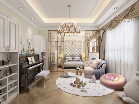  现代亲子互动室 吊灯 钢琴 橱柜 儿童玩具 休闲沙发 床3d模型 