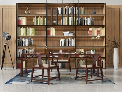  新中式 书桌 书柜组合3d模型 