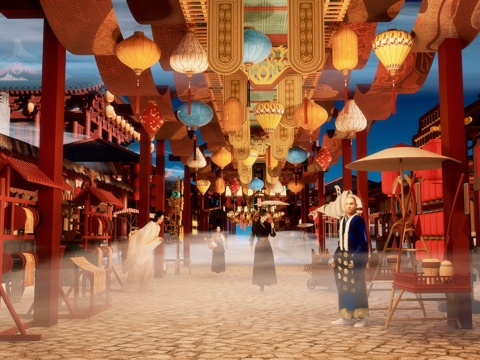 网红打卡国潮古风古镇集市su模型