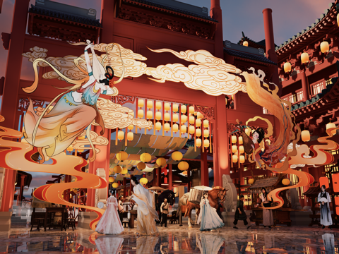 网红打卡国潮古风古镇集市su模型