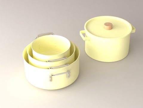  奶黄色锅具套装 双耳汤锅 不粘汤锅 可叠放厨具 高颜值厨房好3d模型 