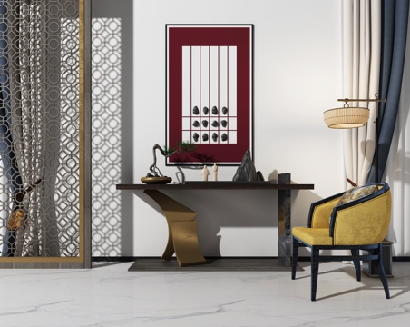  新中式单椅 玄关柜 挂画3d模型 