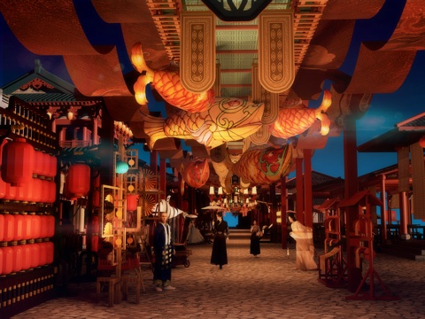 网红打卡国潮古风古镇集市su模型