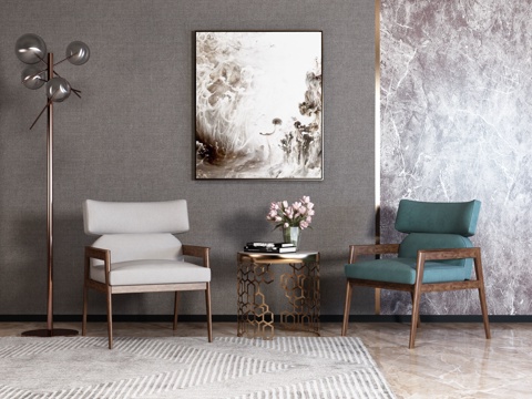  现代休闲桌椅组合 桌椅组合 休闲椅 装饰品，落地灯 花瓶3d模型 