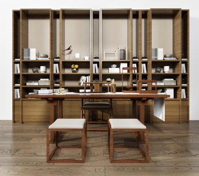  新中式书桌书柜组合3d模型 